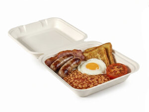 bagasse hinged food box with fried breakfast