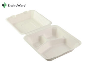 8″ Bagasse 3-Compartment Square Clamshells