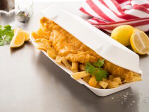 Bagasse hinged food containers for fish & chips
