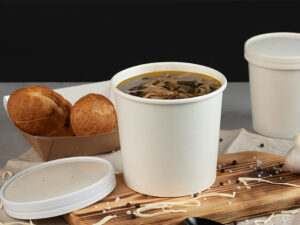 white paper soup containers and lids