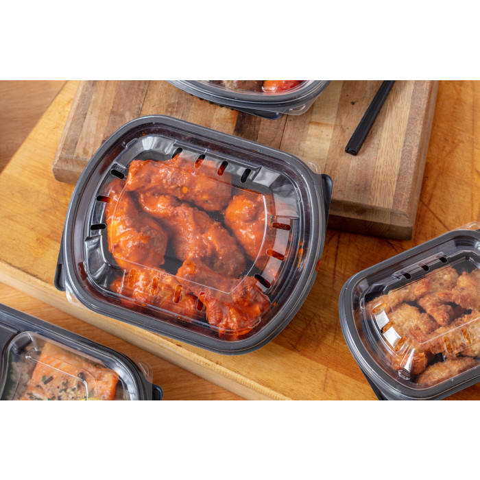 black microwavable food container with clear lid