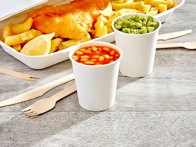 7oz large fish & chiop shop portion pots with clear lids for serving beans and mushy peas